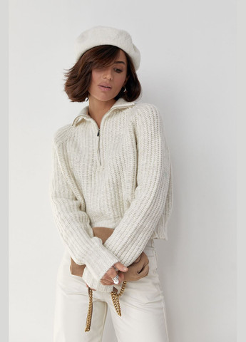 Молочный зимний женский вязаный свитер oversize с воротником на молнии 03901 Lurex