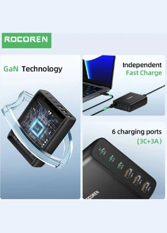Быстрое зарядное устройство Rocoren 100 Вт с 6 USBпортами Toocki (296108046)