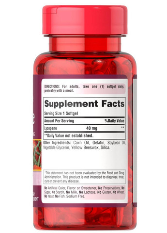Лікопін, Lycopene,, 40 мг, 60 гелевих капсул Puritans Pride (366547731)