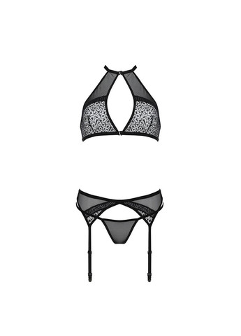 Комбинированный демисезонный комплект белья satara set xxl/xxxl black, топ, пояс для чулок, стринги Passion