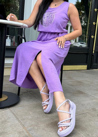 Лавандовое повседневный изысканное легкое повседневное летнее меди платье без рукавов с карманами и украшенное камешками Tik-Tak с рисунком