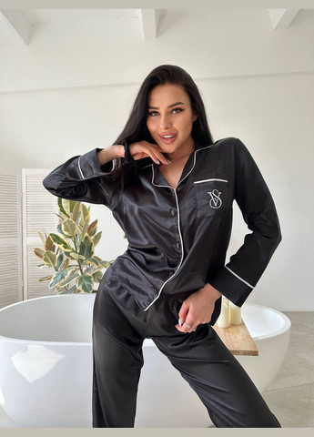 Черная всесезон женская пижама - домашний костюм. рубашка + брюки No Brand