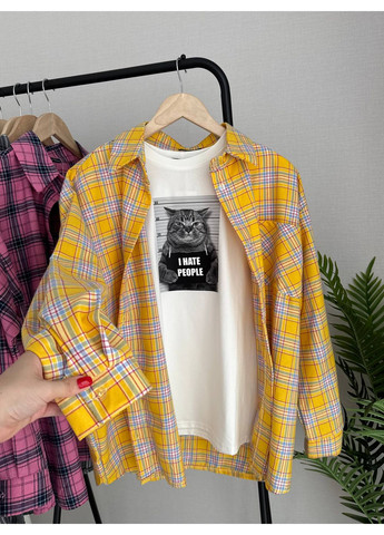 Желтая спортивная, повседневный, джинсовая рубашка в клетку No Brand с длинным рукавом