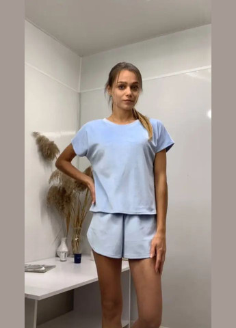 Блакитна всесезон жіноча піжама "футболка шорти", велюр на бавовняній основі (плюш), колір "блакитний" т.м. lekol No Brand