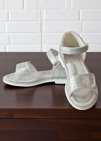 Серебряные ортопедические босоножки для девочки сандалии на липучках Clibee со стразами