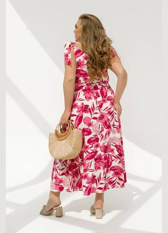 Малиновое повседневный летнее платье макси с поясом а-силуэт No Brand с цветочным принтом