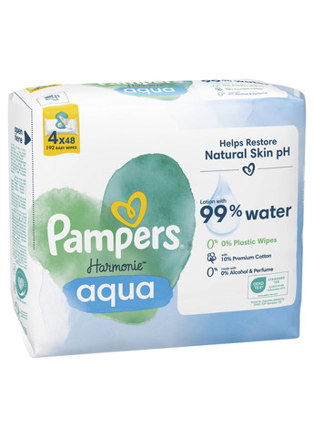 Дитячі вологі серветки Harmonie Aqua, 192 шт. (4 уп. по 48 шт.) Pampers (328200302)