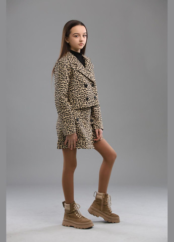 Коричневый демисезонный леопардовый костюм (пиджак, юбка) подростковый юбочный IRmAS