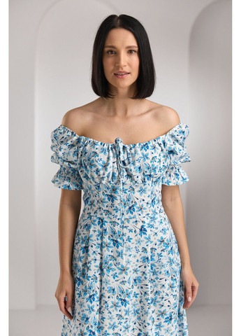 Блакитна сукня міді креп з кулісою на грудях блакитні квіти білому Bessa