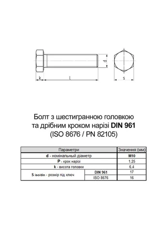 DIN961 М10х30 повна різьба дрібний крок 1,25мм сталь 10.9 болт шестигранна голова під ключ 17мм (25шт.) [5T60005T6X01253000] Metalvis (399545778)