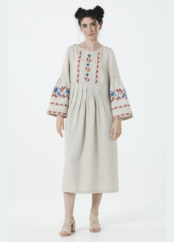 Сіра довга вільна жіноча сукня-вишиванка з льону з рослинним орнаментом світлозара., р., код 0469/54/0779 ГАЛЕРЕЯ ЛЬОНУ