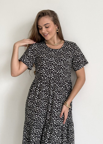 Черное пляжное, повседневный, кэжуал летнее свободное платье трапеция из штапеля в цветочек клеш, а-силуэт Merlini с цветочным принтом