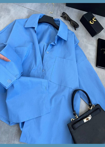 Голубой классическая, кэжуал рубашка однотонная No Brand с длинным рукавом