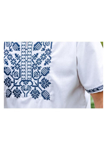 Белая белая мужская вышиванка с темно-синим геометрическим орнаментом короткий рукав m–5xl, m лен (299924791)