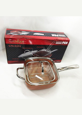 Сковорода-фритюрниця UN-5251 квадратна антипригарна з пароваркою та каструлею + скляна кришка 24 см Unique (364663687)