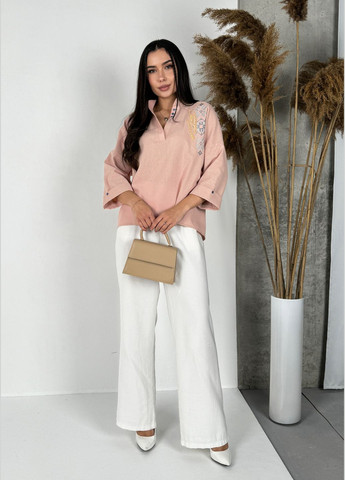 Пудровая льняная блуза-вышиванка свободного кроя INNOE Блузка