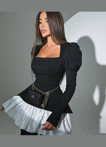 Черно-белое красивое качественное короткое платье с открытым декольте и длинным рукавом, чёрное платье из ткани: костюмка + софт No Brand