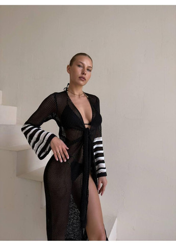 Жіноча чорна в’язана пляжна туніка з розкльошеними рукавами / Жіноча ажурна чорна туніка крючком довга / Жіноча чорна туніка No Brand (369369783)