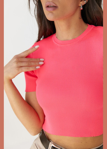 Розовая летняя короткая футболка в рубчик 11466 с коротким рукавом Lurex