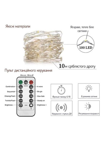 Светодиодная гирлянда роса, 10 м, 100 LED, 8 режимов, теплый белый свет, с пультом, на батарейках No Brand (315719825)