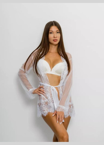 Халат Сабрина короткий полупрозрачный с кружевом соблазнительный трусики в комплекте No Brand Халат короткий Сабріна білий (342121883)