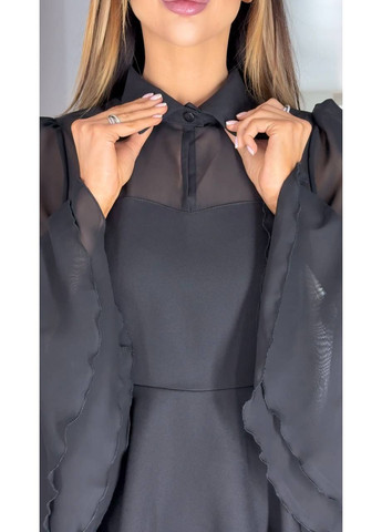 Чорна святковий, коктейльна коротка жіноча сукня з воланами та поясом кльош Avanti однотонна