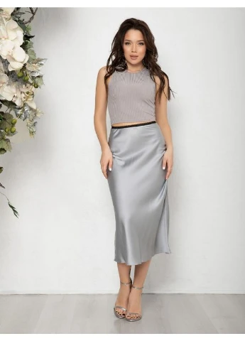 Серая повседневная бежевая шелковая юбка-клеш в бельевом стиле No Brand