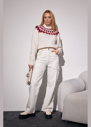 Молочный зимний укороченный вязаный свитер с орнаментом - молочный Lurex