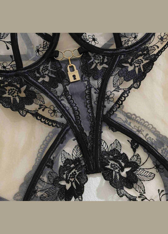 Чорний демісезонний комплект відвертої білизни замочок жіночий корсет-бюстьє трусики пояс з гартерами в наборі No Brand Комплект відвертої білизни Зомочок чорний