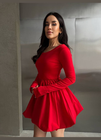 Червона комбінована сукня міні з пишною спідницею червоного кольору 32955 кльош Fashion однотонна