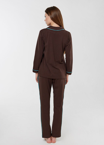 Коричневая всесезон пижама женская коричневого цвета с бирюзовым кантом. кофта + брюки ORA