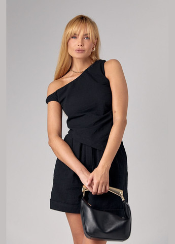 Жіночий лляний костюм із шортами та асиметричним топом - чорний Lurex (297574649)