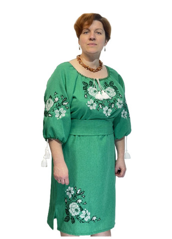 Зелёная женское вышитое платье зеленое розы белые НоКо узор розы габардин (324270918)
