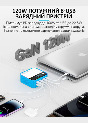 Швидкий зарядний пристрій Q2 GaN / 4xUSB QC / 4xType-C PD / RGB підсвітка / 120W Max / Silver Relife (324610292)