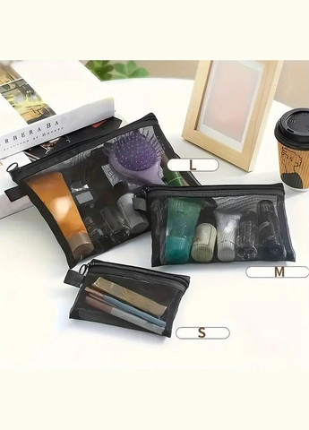 Набір 3 косметичок органайзерів із сітки Чорний плоскі Kimiko (328264322)