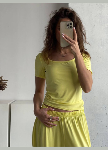 Лёгкий летний костюм двойка состоящий из штанов палаццо и топика, желтый костюм 2-ка No Brand 2373-3 (338187797)