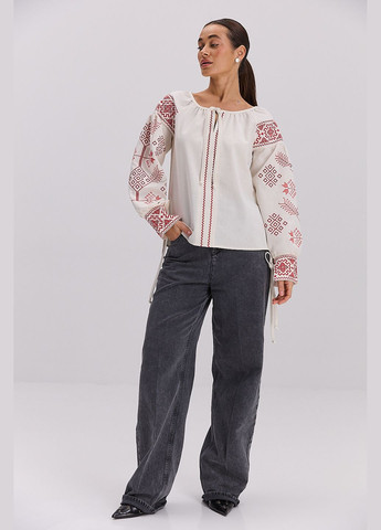 Біла жіноча вишиванка з геометрією гладдю і зав'язками на манжентах Arjen (322877509)