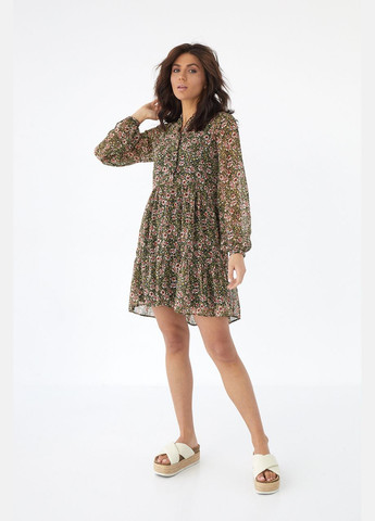 Оливковое (хаки) повседневный шифоновое платье с цветочным узором с завышенной талией 90182 Lurex с цветочным принтом