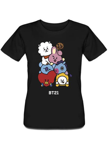 Белая летняя женская футболка bts bangtan boys "bt21" (чёрная) Fat Cat