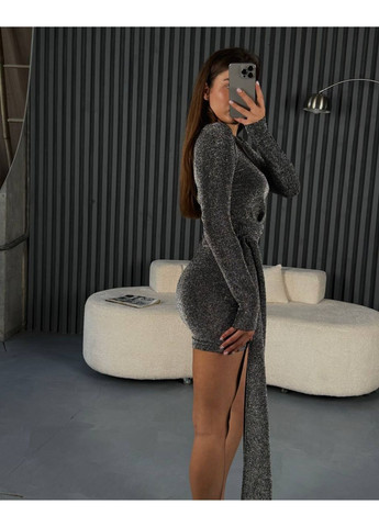 Чорна сукня 808 люрекс святкова коротка з довгими рукавами та шлейфом на поясі Україна