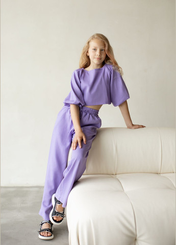 Лавандовый летний льняный костюм для девочки "prettу" (лавандовый) брючный No Brand