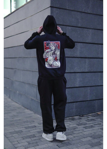 Черный демисезонный костюм 010 трехнить на флисе,dtf печать штаны и кофта Україна