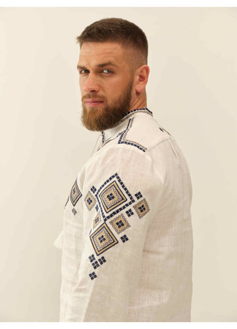 Біла біла лляна чоловіча вишиванка з орнаментом на спині ярема синя MOTYV візерунок орнамент льон (361893846)