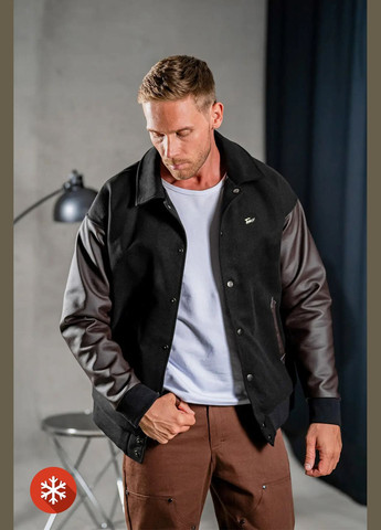 Мужская теплая куртка бомбер из кашемира Casual Черная с коричневыми рукавами Teamv (316355006)