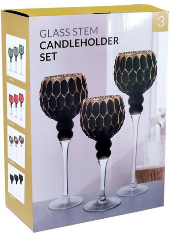 Набор 3 стеклянных подсвечников Ferdeus 30см, 35см, 40см, черный с золотом Bona (297366549)
