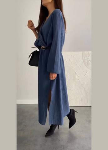 Синее кэжуал платье свободного кроя с поясом MonCher