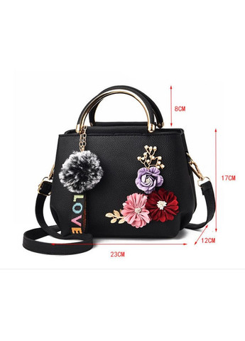 Мини сумочка с цветами и меховым брелком наплечная черная (sku_1250Ч) No Brand (330576399)