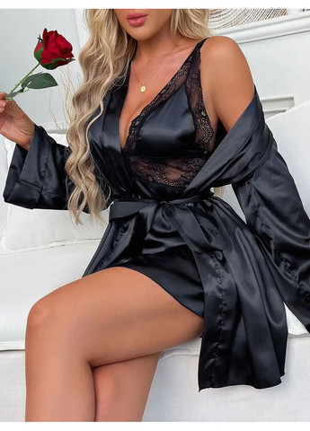 Атласний халат із мереживним пеньюаром, поясом і трусиками. Халат з пеньюаром жіночий розмір S-XL China (360864764)