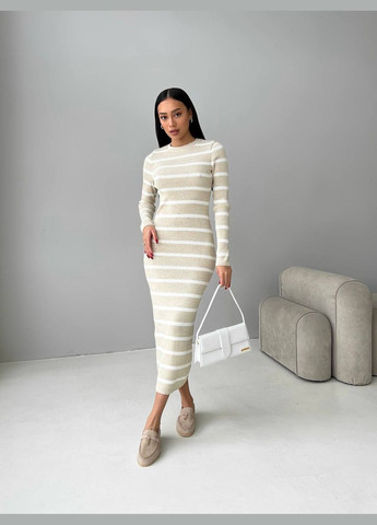 Бежевое женское платье миди в полоску цвет светлый беж-белый р.42/46 449396 New Trend