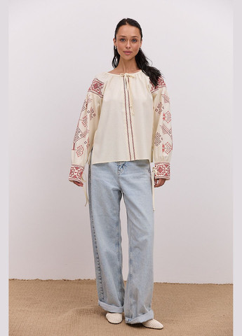 Светло-бежевая женская вышиванка молочная с геометрией гладью и завязками на манжетах Arjen (344030139)